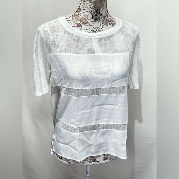 🛍️METAPHOR White sheer stripe short sleeve top size M - Picture 8 of 13